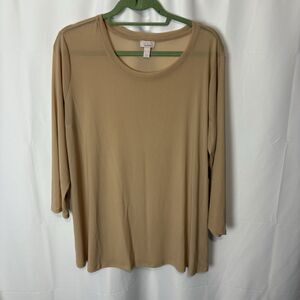 LOGO by Layers Blouse Womens XL Beige Tan Mesh Nylon Stretch Smocked Long Sleeve